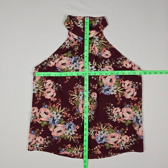 Blue Pan Halter Neck Floral Pleated Front Blouse Womens M Burgundy Pink Y2K Vibe - Picture 9 of 10